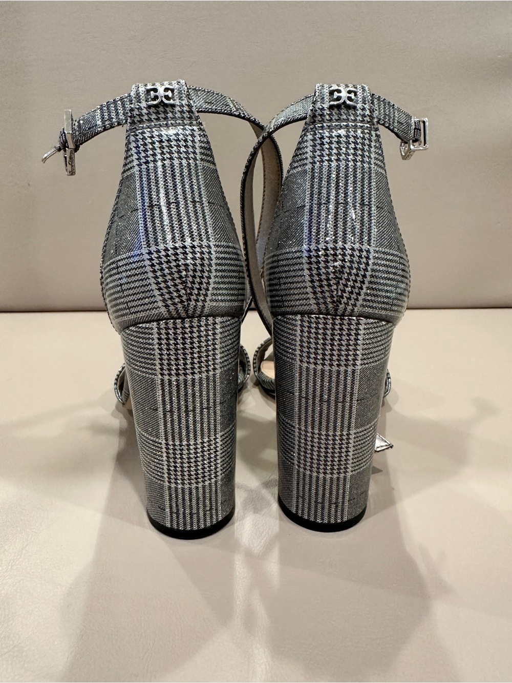 Sam Edelman Gray Plaid Block-Heel Ankle Strap Sandals - Picture 3 of 9